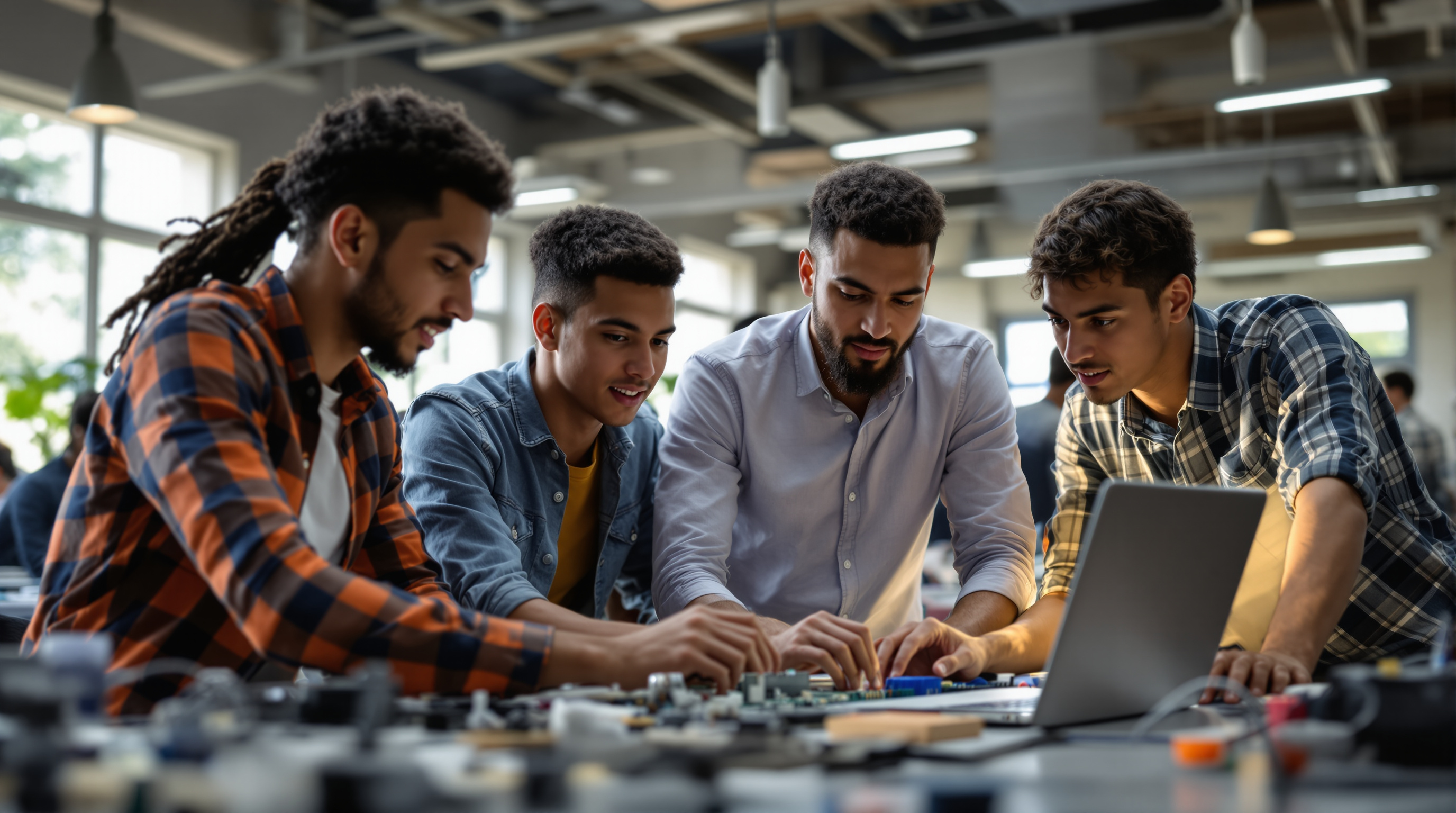 Engineering students collaborating on technology project in developing country university lab
